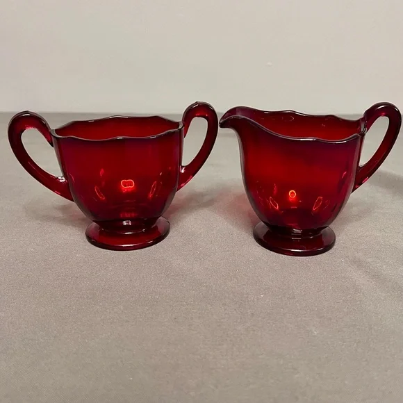 VTG Ruby Red Depression Glass Sugar & Creamer Set W/ Waved Rims - Picture 1 of 10